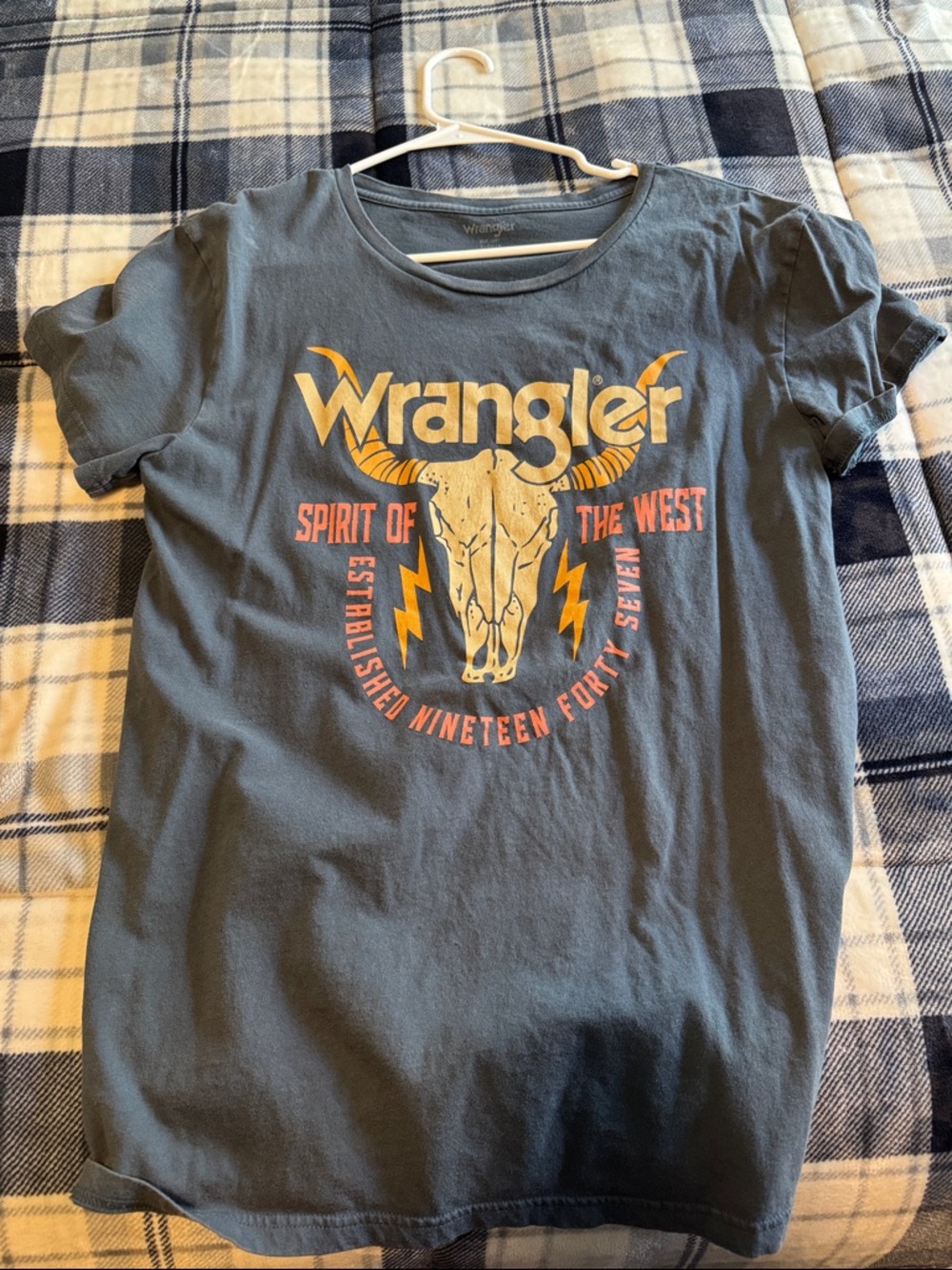Wrangler Slate Blue Tee with Yellow & Orange Graphic